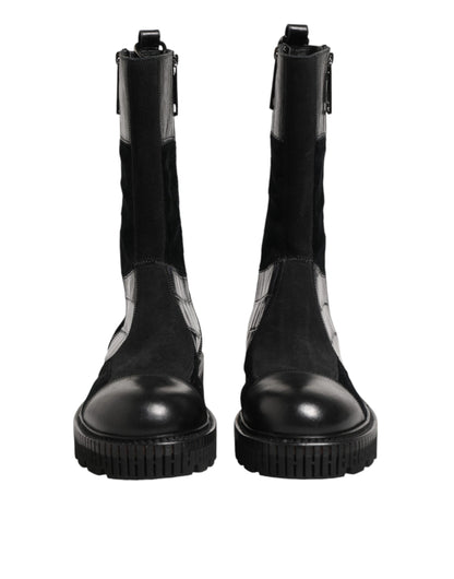 Black Patchwork Leather Mid Calf Boot  Shoes