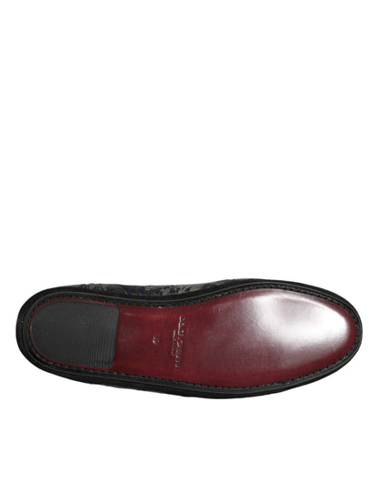 Black Jacquard Leather Slip On Loafers Shoes