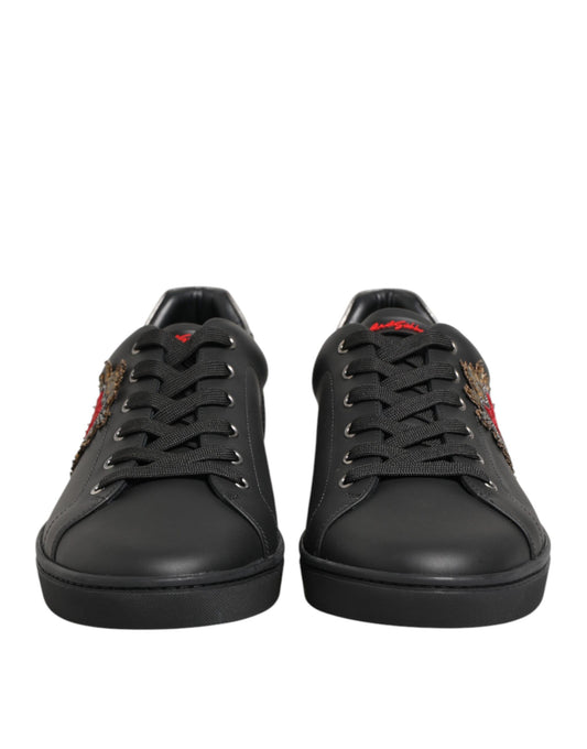 Black Leather Heart Embellished Sneakers Shoes