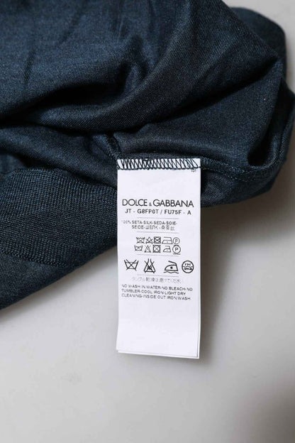 Dark Blue Silk Crew Neck Short Sleeve T-shirt