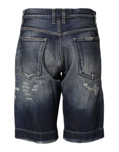 Blue Cotton Distressed Denim Bermuda Shorts