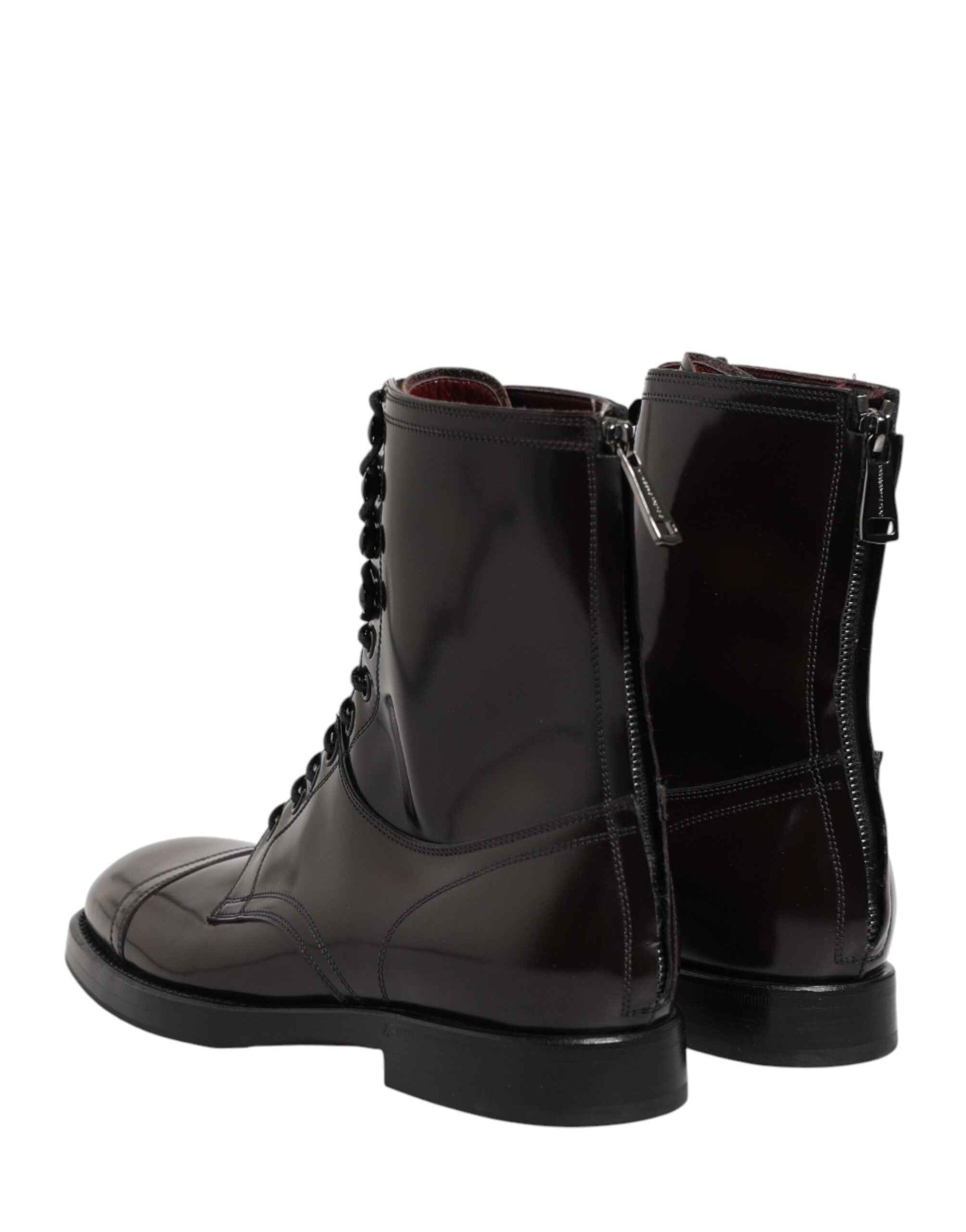 Black Leather Lace Up Mid Calf Boots Shoes