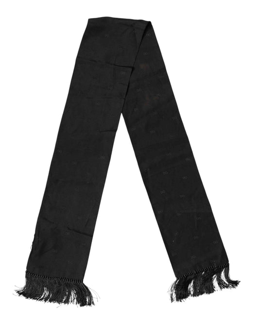 Black Logo Silk Fringes Neck Foulard Scarf