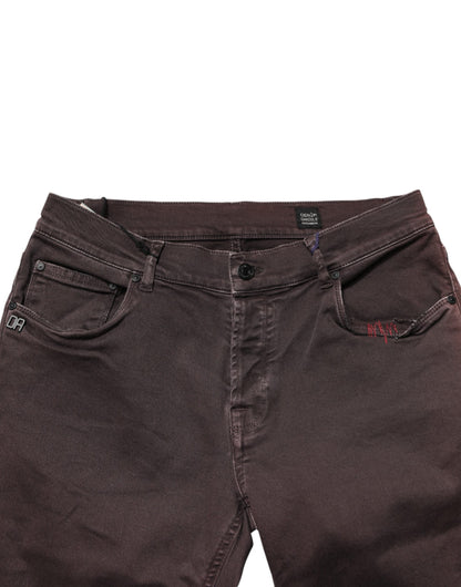 Brown Cotton Mid Waist Skinny Men Denim Jeans