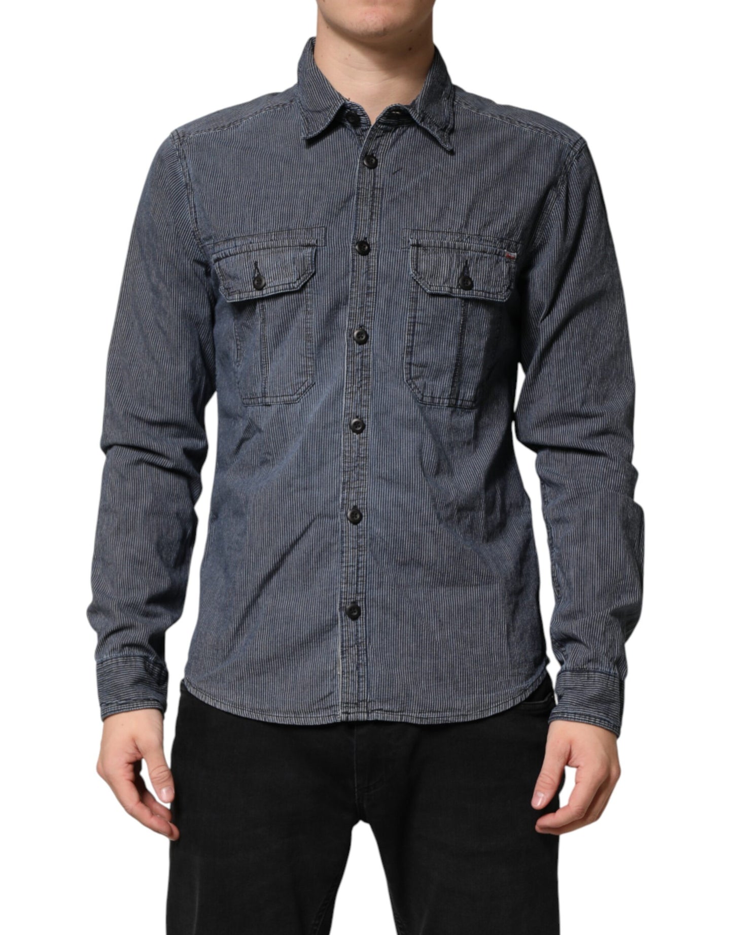 Blue White Button Down Long Sleeves Men Denim Shirt