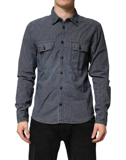 Blue White Button Down Long Sleeves Men Denim Shirt