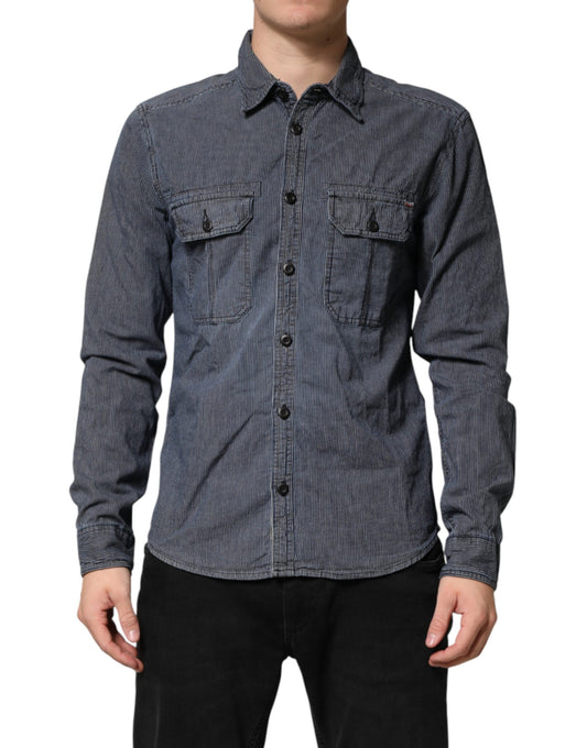 Blue White Button Down Long Sleeves Men Denim Shirt
