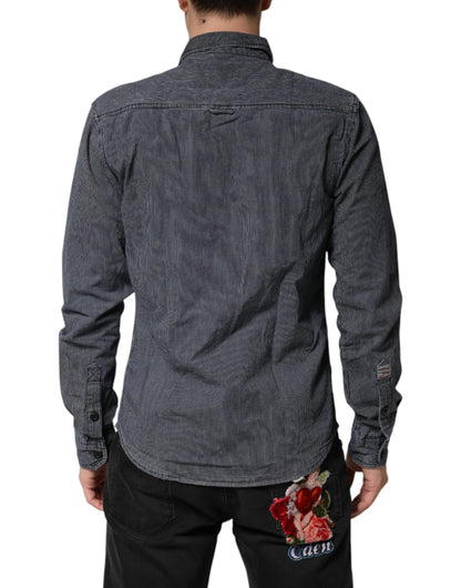 Blue White Button Down Long Sleeves Men Denim Shirt