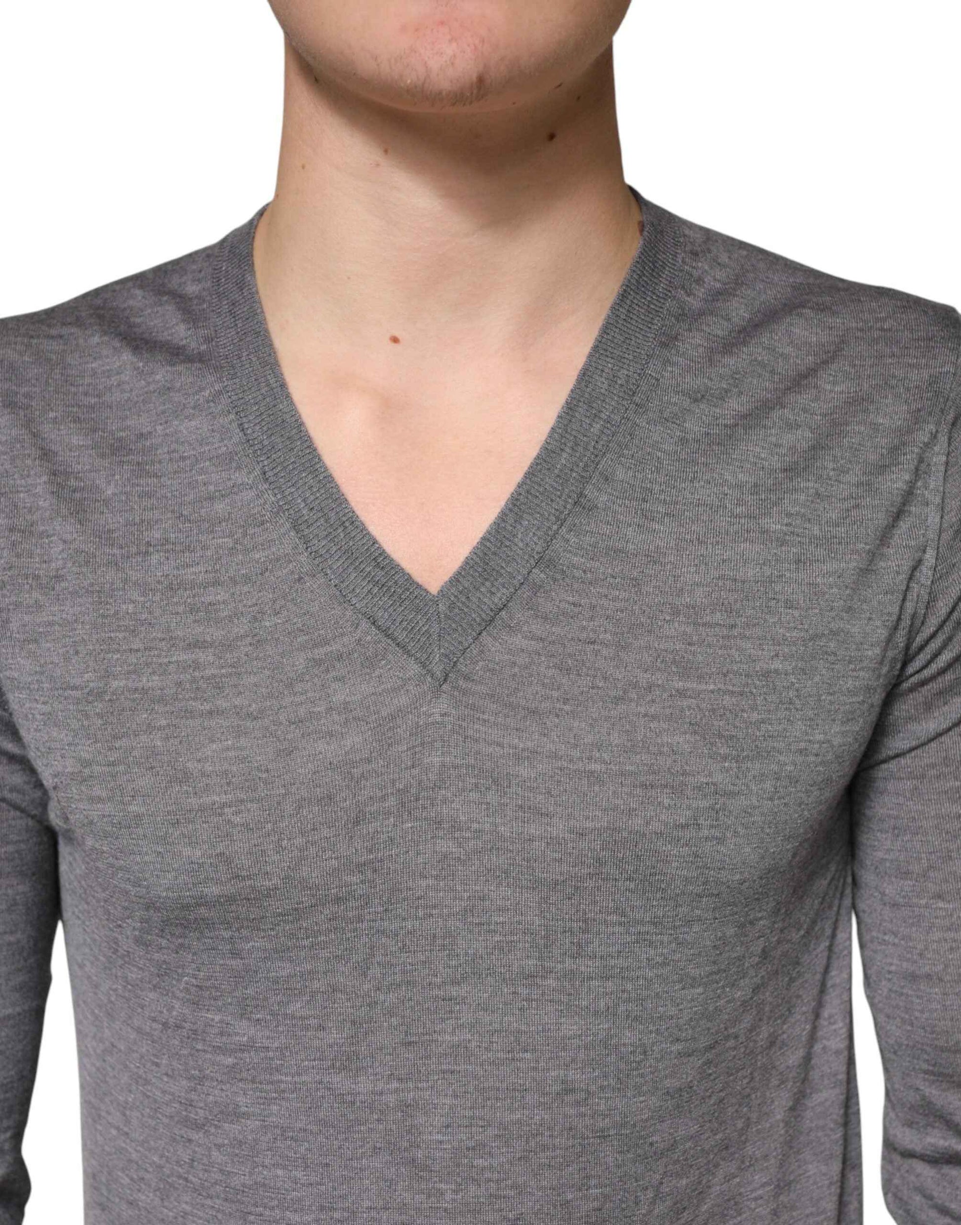 Gray Cashmere V-Neck Men Pullover Sweater