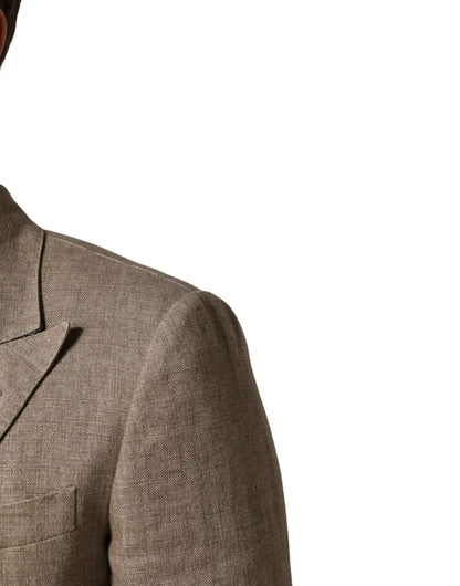 Beige Linen Double Breasted 2 Piece Men Suit