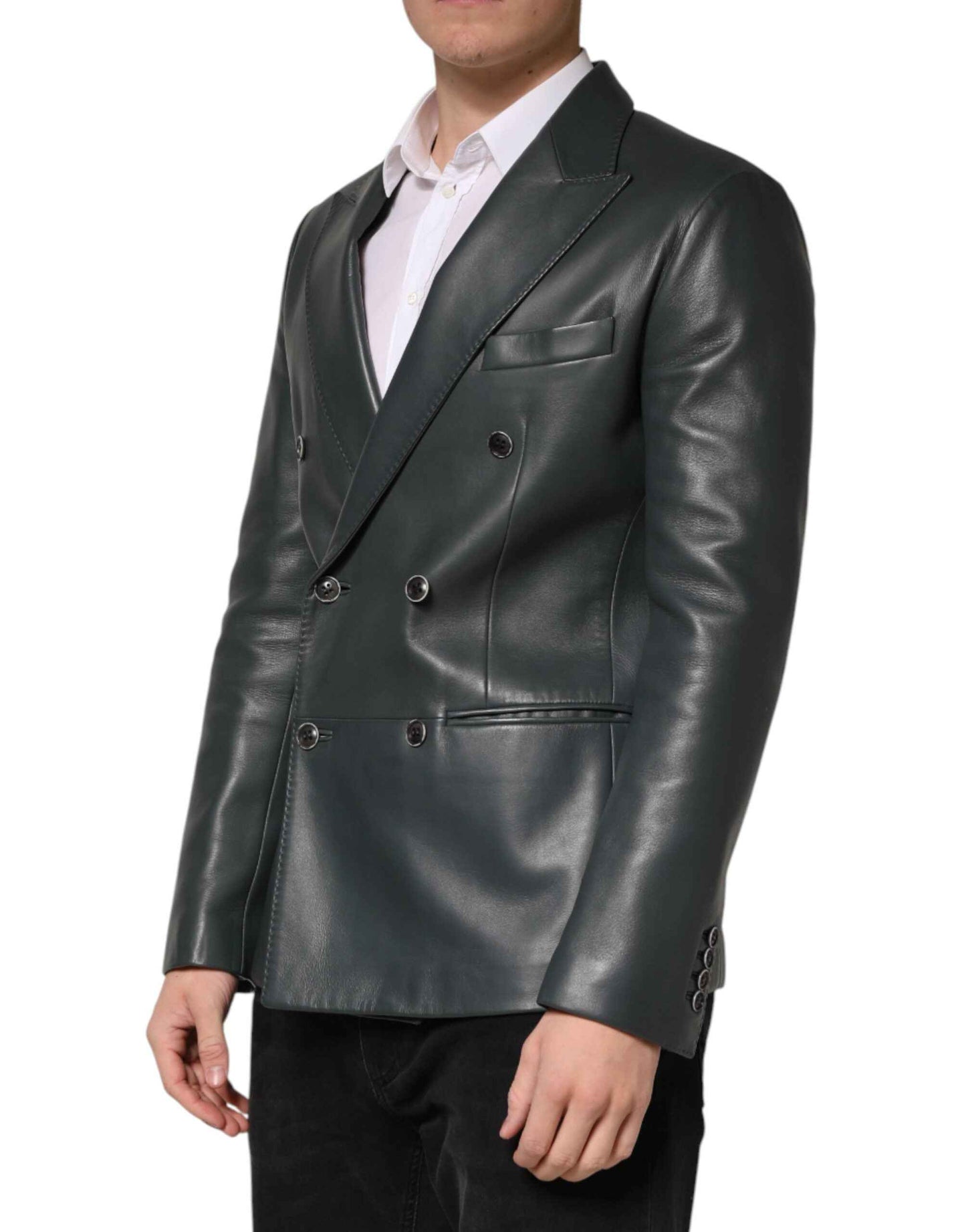 Black Leather Double Breasted 2Button Blazer
