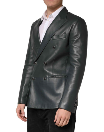 Black Leather Double Breasted 2Button Blazer
