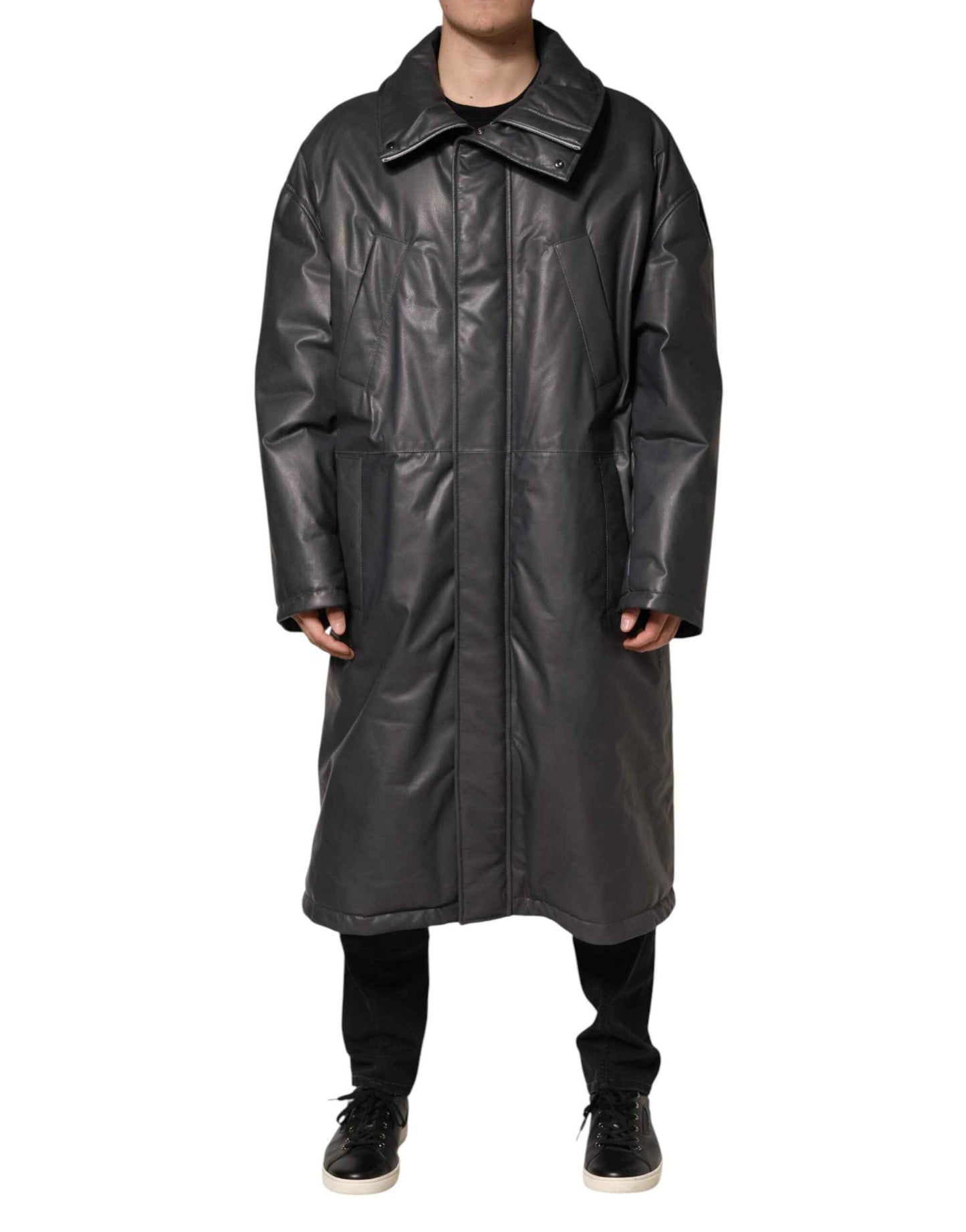 Black Leather Collared Trench Coat Jacket