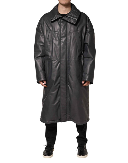 Black Leather Collared Trench Coat Jacket