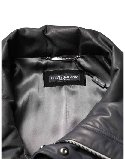 Black Leather Collared Trench Coat Jacket
